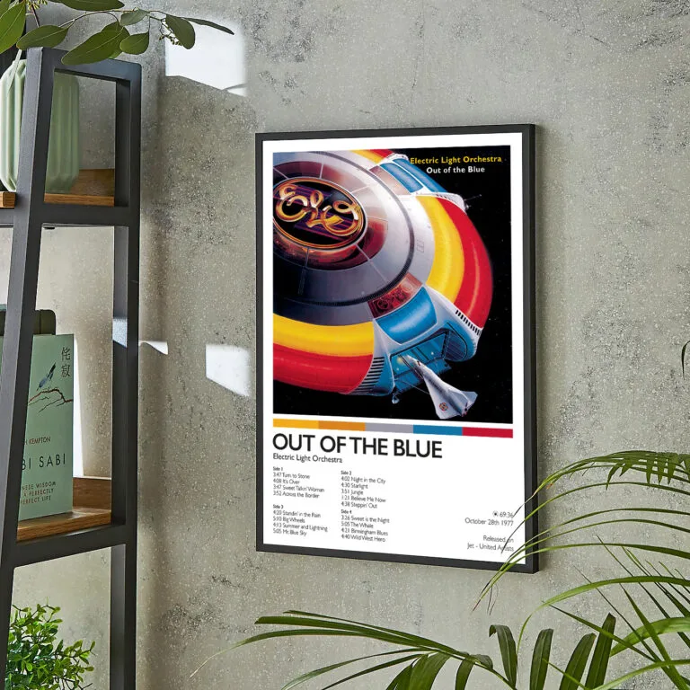 Vinyl album cover artwork poster showing ELO album Out of the Blue with track listings