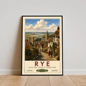 Framed vintage railway journey poster with a destination of Rye and showing Mermaid Street